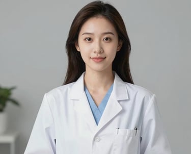 Professional portrait of a female nutritionist in a white lab coat, professional and approachable, highlighting health and nutritional expertise.