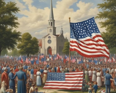 A warm sunrise over a peaceful town square with a cross standing tall in the center.