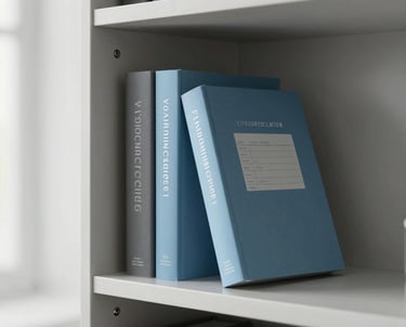 Detail of a minimalist office bookshelf with professional design and data management books, sky blue and slate grey accents, soft natural light.