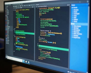 Macrophotography of digital UI code and data structures displayed on a high-resolution monitor, emerald green and sky blue highlights on a dark background, reflecting a South American / Brazilian technical office.