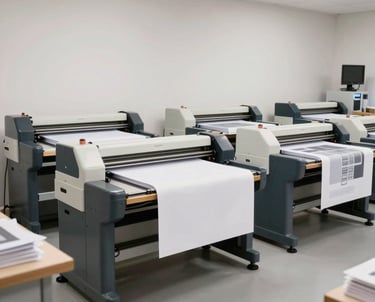 Wide shot of a tidy, minimalist print shop in Brazil, featuring professional cutting machines and neatly stacked graphic products.