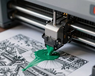 Close-up of a high-resolution inkjet printer head working on a detailed graphic document, sharp details, vibrant emerald green ink visible.