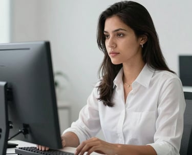Portrait of a South American / Brazilian data specialist focused on their screen in a modern, clean office environment. Professional soft lighting, pearl white and slate grey atmosphere.