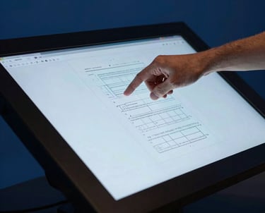 Action shot of a professional hand adjusting a print layout on a large high-definition touchscreen monitor, sky blue and deep charcoal blue environment.