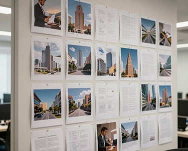 An organized wall grid in a South American / Brazilian office displaying printed proofs and layout drafts, professional and creative atmosphere.