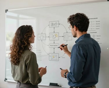Two professionals in South America / Brazil collaborating in front of a whiteboard filled with data architecture diagrams, professional lighting, modern attire.