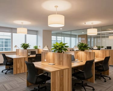 Modern office space with sleek desks and warm lighting