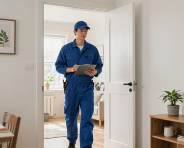 Technician inspecting a modern Hisense smart TV in a cozy living room.