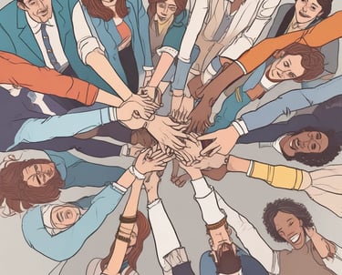 A group of diverse people engaging in a community support activity outdoors.