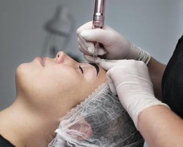 Esteticista profesional realizando un procedimiento de microblading en el rostro