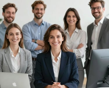 A warm office meeting with diverse professionals collaborating over documents and laptops.