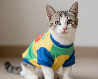Gatito blanco con ojos azules y camiseta de colores