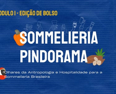 Sommelieria Pindorama course banner about Brazilian sommelier anthropology and hospitality on a blue background.