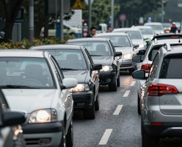 A technician setting up equipment beside a busy road to measure vehicle queues during rush hour.