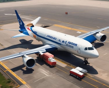 Cargo plane being loaded at a bustling airport terminal.