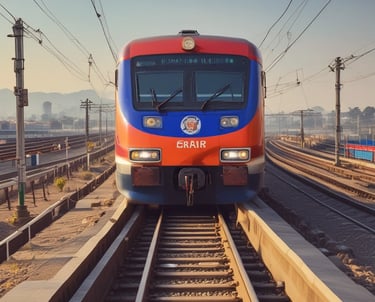 Close-up of electronic interlocking control panel with railway tracks in the background.