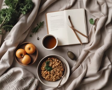 A clean, minimalistic graphic showing three equal columns with subtle icons representing nutrition, stress management, and restorative sleep, accented in sage green and earth tones.