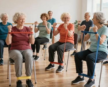 A diverse group of adults participating in an engaging online wellness workshop.