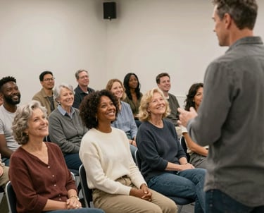 A warm, inviting classroom setting with seniors and professionals engaged in a wellness workshop.