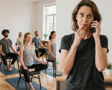 A friendly coach guiding a senior through simple wellness exercises in a bright, cozy room.