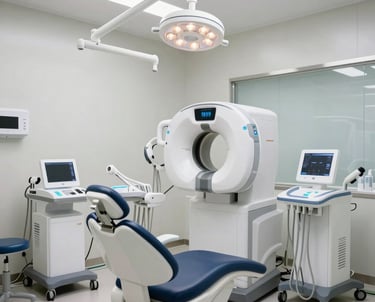 A clean, eye-level photograph of a modern dental surgery room in the US. The room is immaculate, with bright lighting and advanced digital imaging equipment in the background.