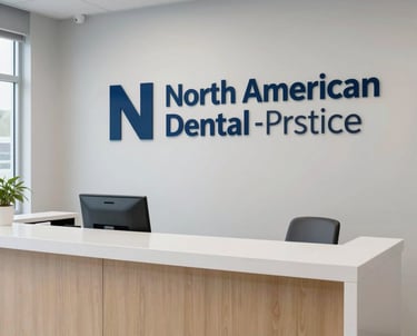 A bright, clean shot of a North American dental practice's reception area. It looks inviting and modern, with a professional dark blue logo visible on a light grey wall.