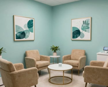 A wide shot of a modern, stylish dental office waiting room in a North American suburb. The design features comfortable warm beige chairs, seafoam teal wall art, and a clean, professional aesthetic that builds patient trust.
