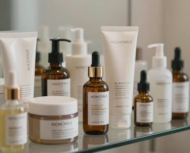A close-up of a high-end skincare product lineup on a glass shelf in a med spa, with soft focus on the background. The lighting is clean and cinematic, emphasizing quality and trust.