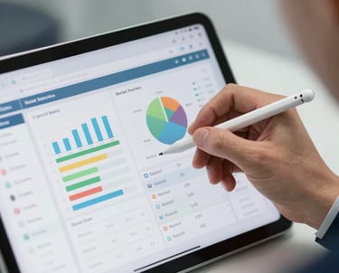 A close-up photograph of a digital tablet displaying a clean, professional dental practice dashboard with colorful charts and scheduling data. A professional hand in North American business attire holds a stylus, emphasizing data-driven results.