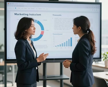 A candid shot of two professional North American women in business attire discussing a marketing campaign on a large screen in a sunlit, modern office.