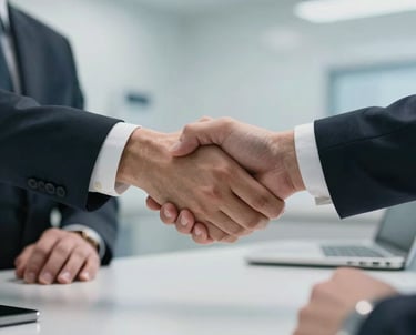 A close-up of two hands in a professional North American business meeting, shaking hands over a sleek table. The background is a clean, modern medical clinic with professional lighting.