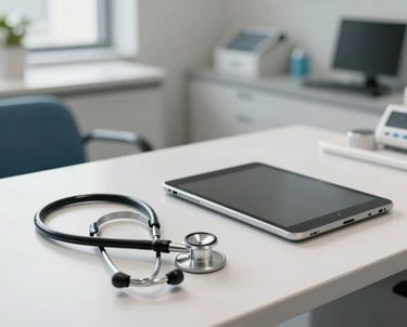 A wide photography shot of a modern, clean medical office desk with a stethoscope and a high-end tablet. The room is bright with natural light, representing a high standard of North American medical care.