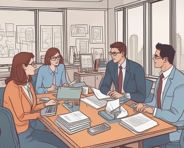 A focused discussion between a recruiter and a risk manager reviewing audit reports in a bright meeting room.