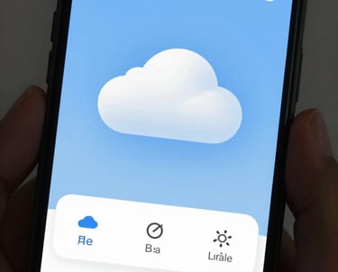 A professional shot of a modern, sleek weather application interface on a smartphone screen, featuring soft blue gradients.