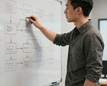 A candid shot of a male creative director in a stylish modern studio. He is pointing at a whiteboard with app flow diagrams.