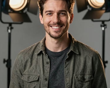 A clean, studio portrait of a male lead developer wearing casual tech attire, smiling confidently. Professional North American studio lighting.