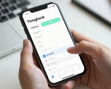 A high-angle shot of a person using a minimalist financial tracking app on a smartphone in a bright office.
