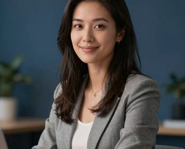 A professional portrait of a female designer in a modern office setting. She is looking at the camera with a friendly expression. Soft indigo background.