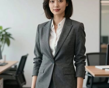 A bright studio shot of a female marketing specialist in a professional blazer, standing in a minimalist North American office.
