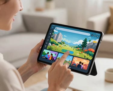 A North American young adult, smiling, casually interacting with a sleek Android tablet, showcasing a vibrant and engaging mobile game or productivity app. Their hands are visible, demonstrating ease of use. The background is a modern, light-filled living space or co-working environment, slightly out of focus to draw attention to the device and user. Soft, natural light illuminates the scene, conveying a sense of relaxed innovation and user-friendliness. The shot is a medium close-up, capturing the joyful interaction, with the subject offset to the left and a calm area on the right.