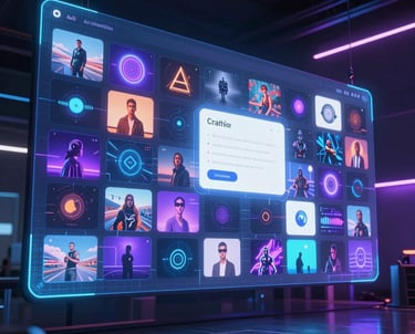 Vibrant AI-generated images appearing on a futuristic screen with electric blue and violet gradients.