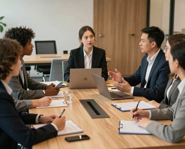 A professional corporate language training session with diverse participants engaged in conversation.