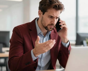 An illustration showing a frustrated marketer surrounded by ringing phones and missed notifications.