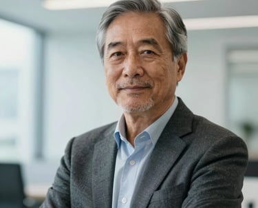 A professional portrait of a senior electrical engineer in a clean, modern North American office setting. They are wearing professional business casual attire, looking confident and reliable. The background is softly blurred with hints of light blue and near white architectural details.