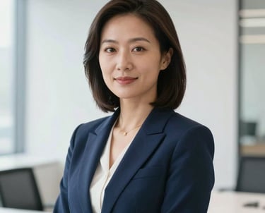 A professional headshot of a female executive in a North American corporate environment. She is dressed in a dark blue blazer, conveying leadership and professional reliability. The lighting is bright and natural, reflecting off near white office surfaces in the background.
