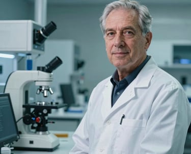 A professional portrait of a senior technical officer standing in a high-tech lab environment in the US. They are looking toward the camera with an innovative and professional demeanor. The scene is dominated by clean teals and whites.