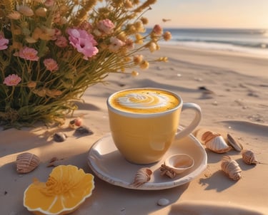 Cup of golden milk on a plate at the beach with flowers and sea shells around the cup.