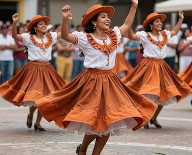 Professional photo of dancers performing 'Caporales' in a public square in Brazil, wearing vibrant costumes with Burnt Orange accents, joyful expressions, South American / Brazilian / Bolivian setting.