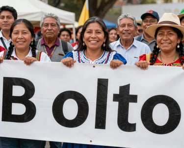 A diverse group of people from the South American / Brazilian / Bolivian community smiling and holding a banner during a cultural fair, festive and professional photography, warm natural light.