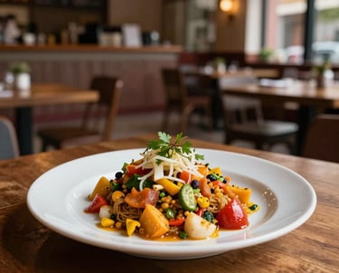 A professional shot of a colorful Bolivian dish, Pique Macho, elegantly plated in a modern South American / Brazilian / Bolivian restaurant environment, warm and inviting atmosphere.